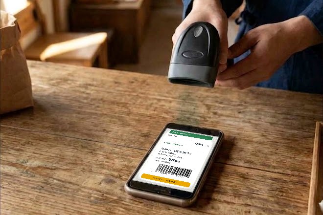 木のカウンターに置いたスマートフォンの画面に表示された価格入りバーコードを、ハンディのバーコードリーダーで読み取っているところ。