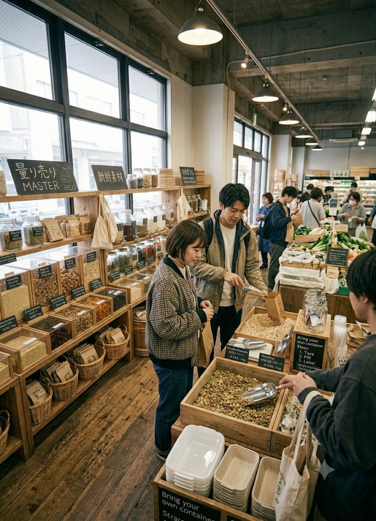 量り売りコーナーのある店内。棚に量り売り商品が並び、お客様が計り取っている様子。
